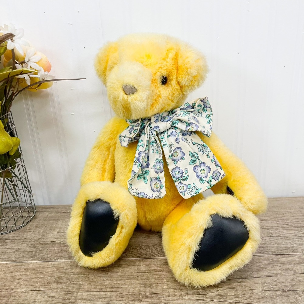 Vintage Gund Yellow Teddy Bear Plush Floral Bow Tie Black Paw Pads 11 Inch